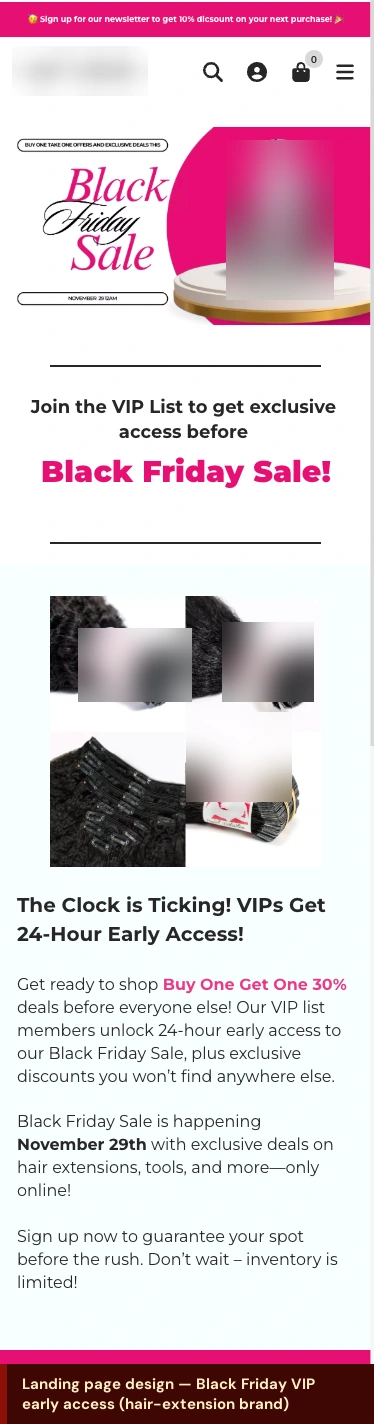 VIP early-access landing page; branding blurred.
