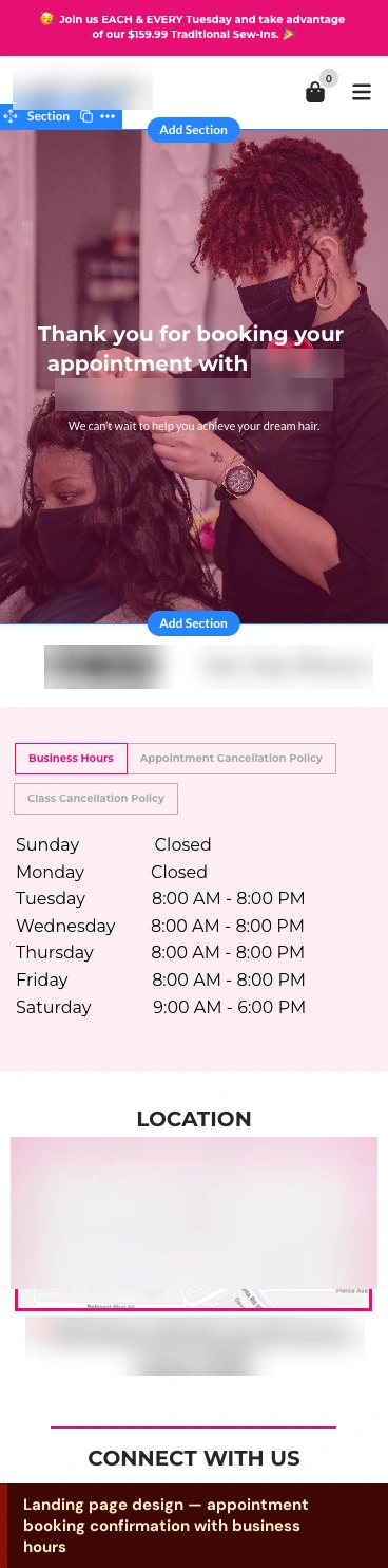 Appointment booking confirmation page; salon details blurred.